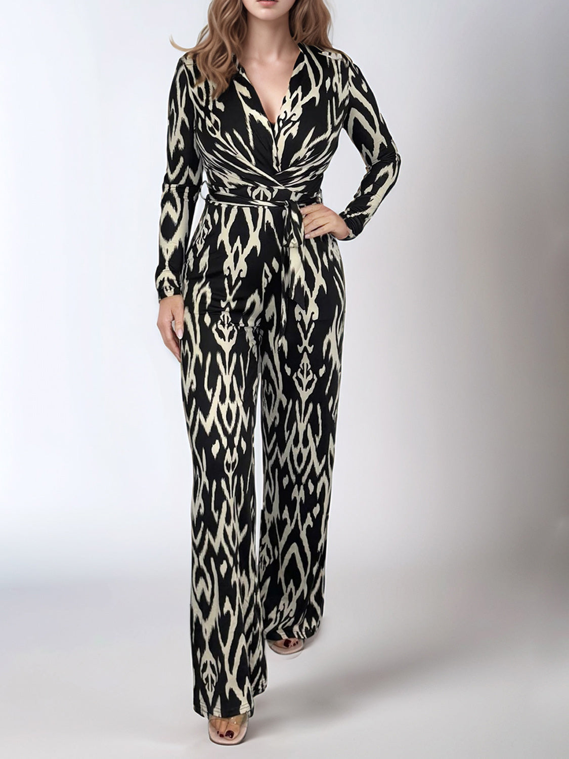 Full Size Leopard Tie Waist Long Sleeve Jumpsuit Plus Size Trendsi