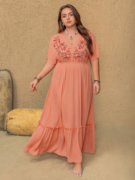 Plus Size Frill Embroidered V-Neck Half Sleeve Maxi Dress Trendsi