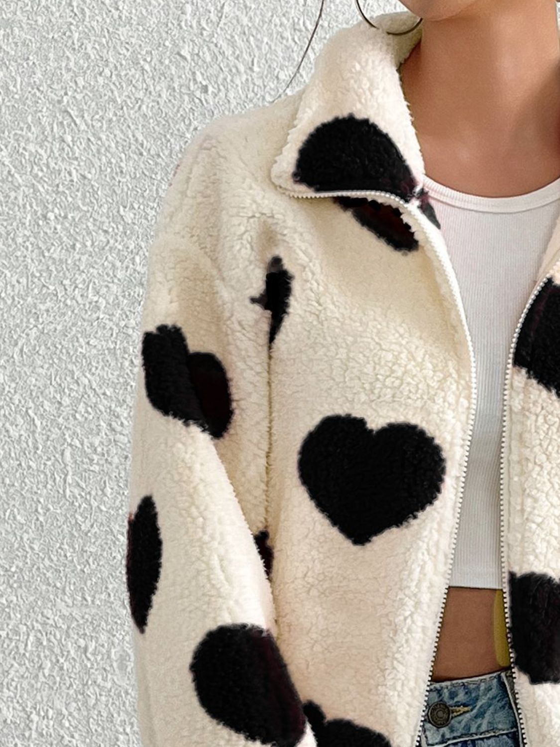 Heart Zip Up Drop Shoulder Furry Jacket Trendsi