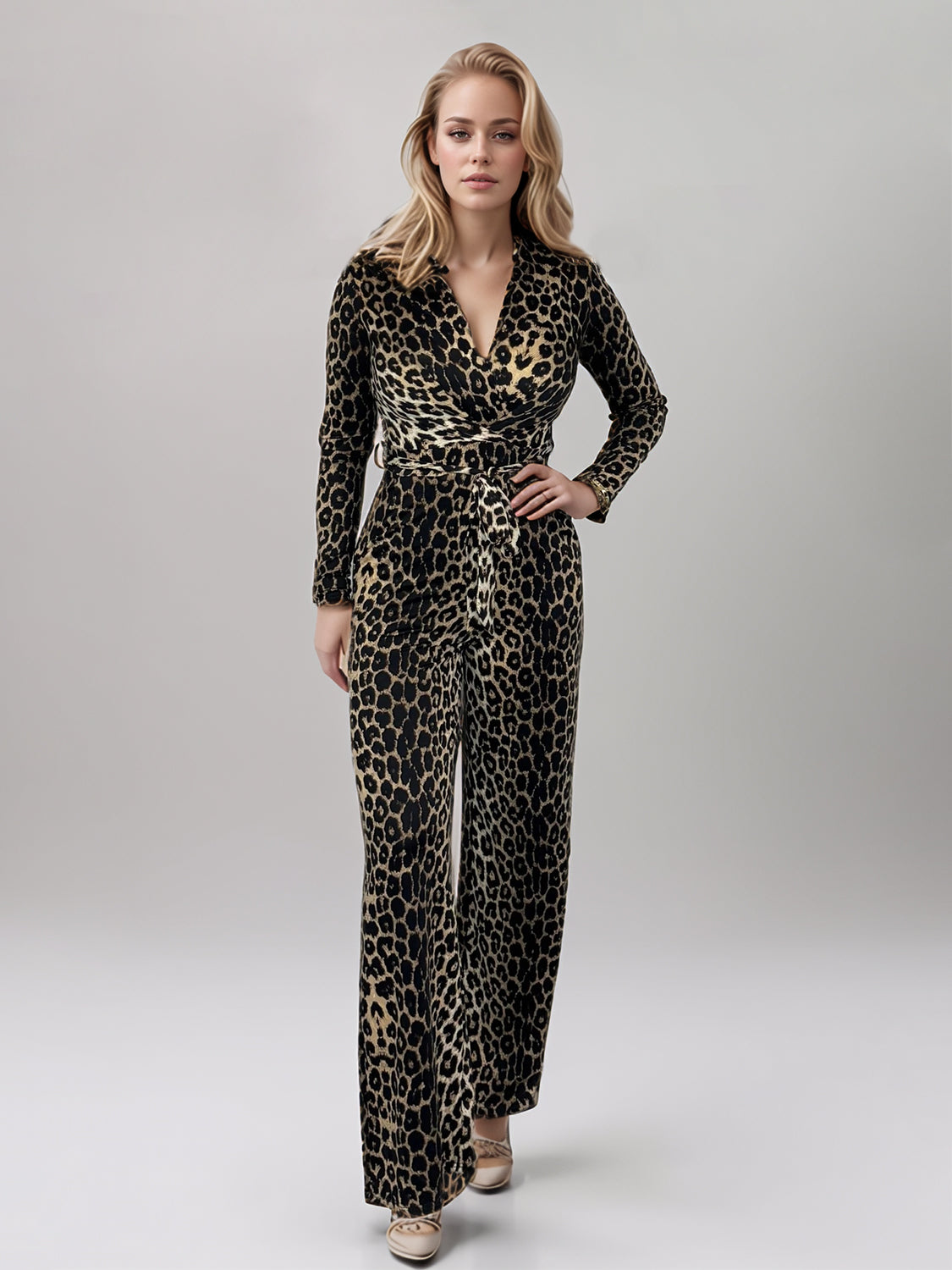 Full Size Leopard Tie Waist Long Sleeve Jumpsuit Plus Size Trendsi