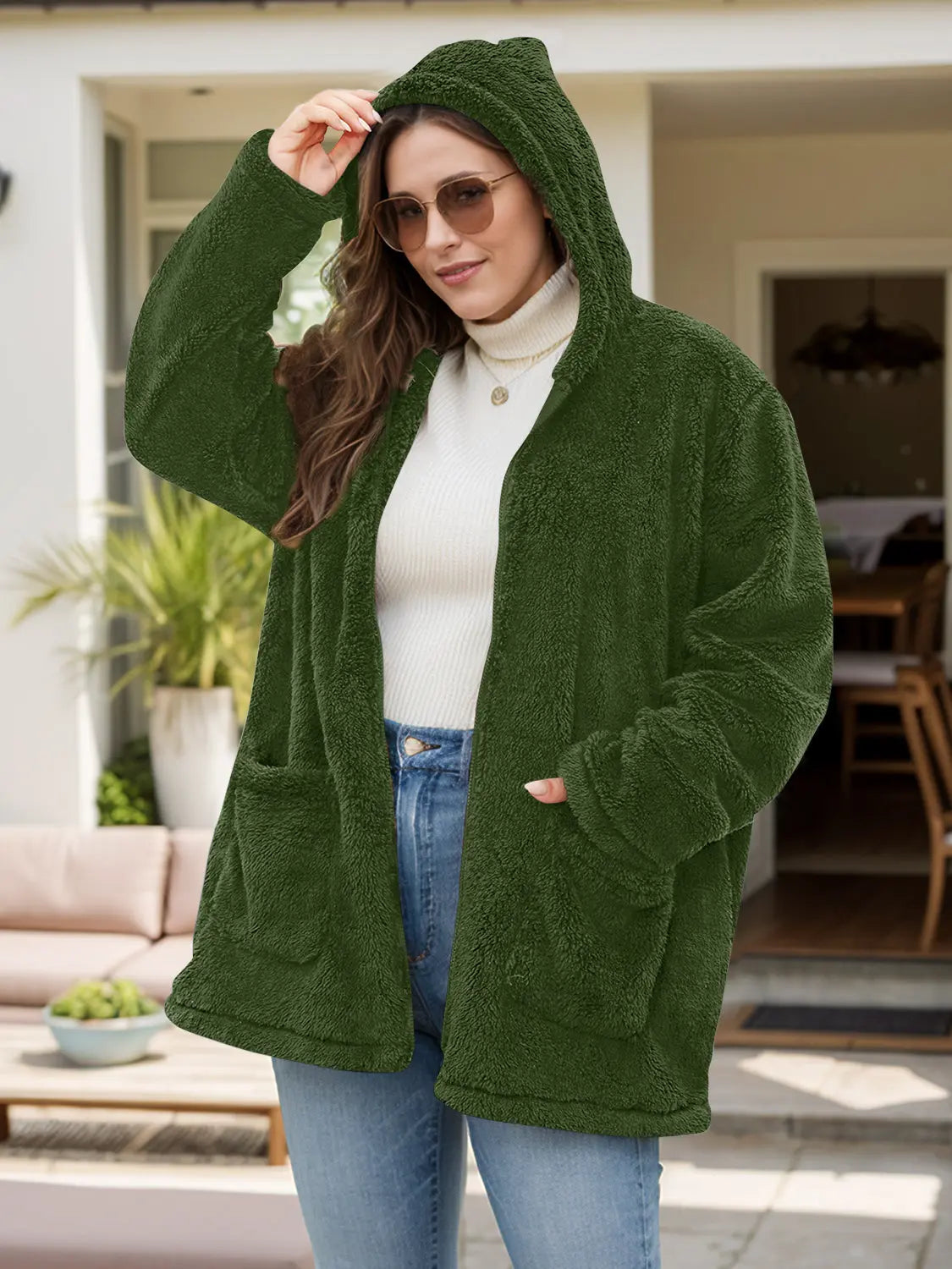 Plus Size Zip Up Long Sleeve Hooded Outerwear Trendsi