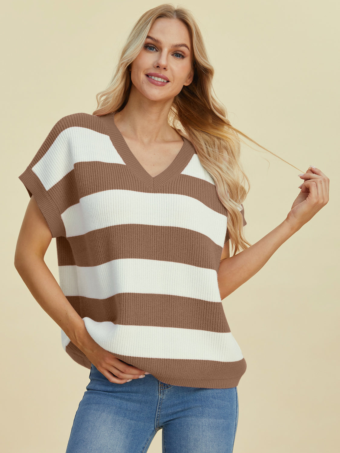 Double Take Full Size Striped V-Neck Short Sleeve Sweater Trendsi