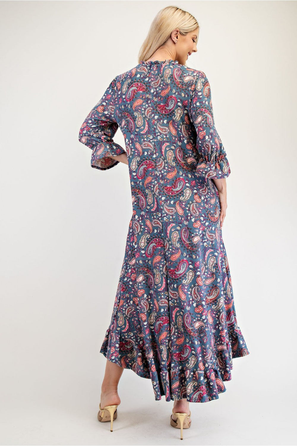 Celeste Full Size Ruffle Hem Paisley Round Neck Dress Trendsi