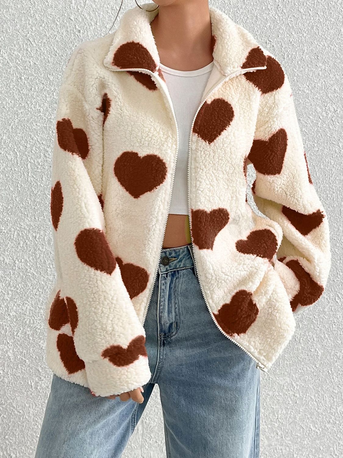 Heart Zip Up Drop Shoulder Furry Jacket Trendsi