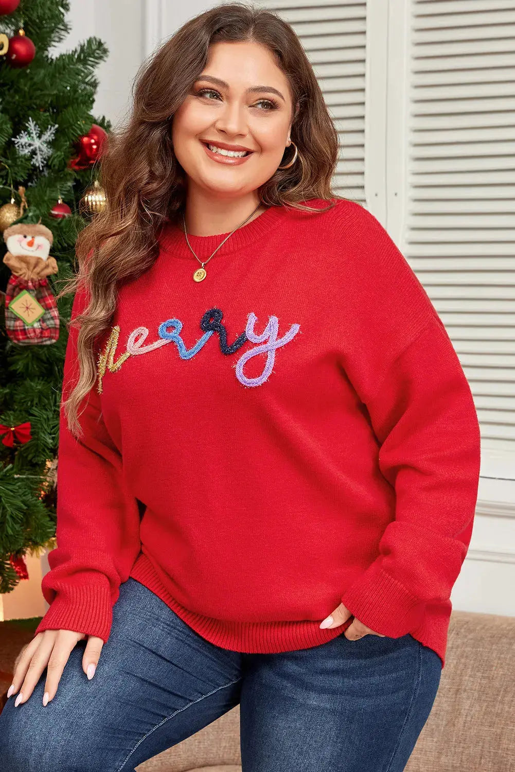 Plus Size MERRY Round Neck Long Sleeve Sweater Trendsi