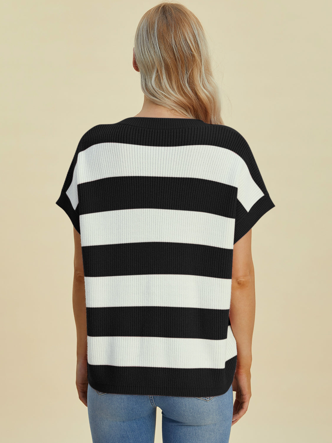 Double Take Full Size Striped V-Neck Short Sleeve Sweater Trendsi