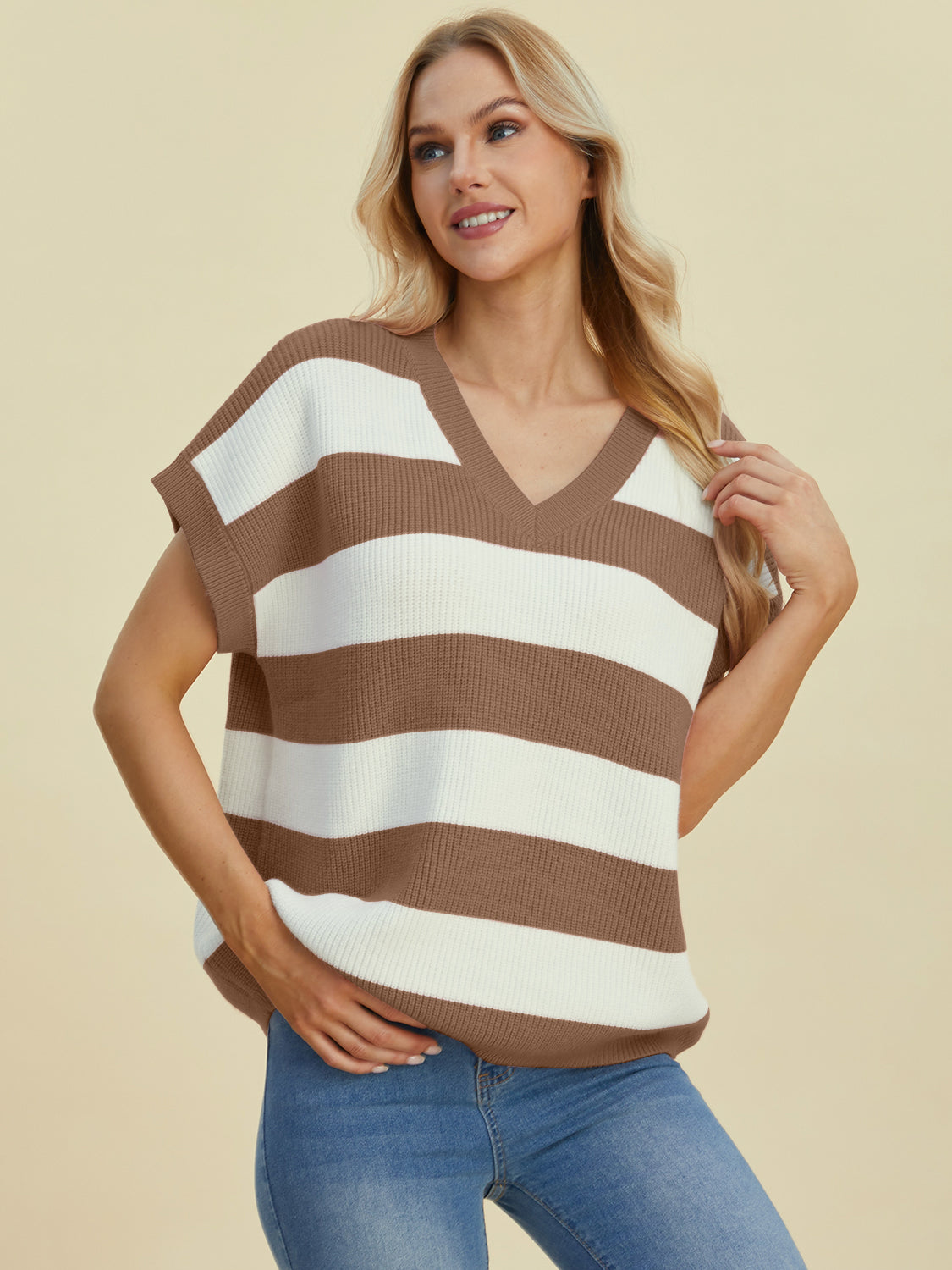 Double Take Full Size Striped V-Neck Short Sleeve Sweater Trendsi