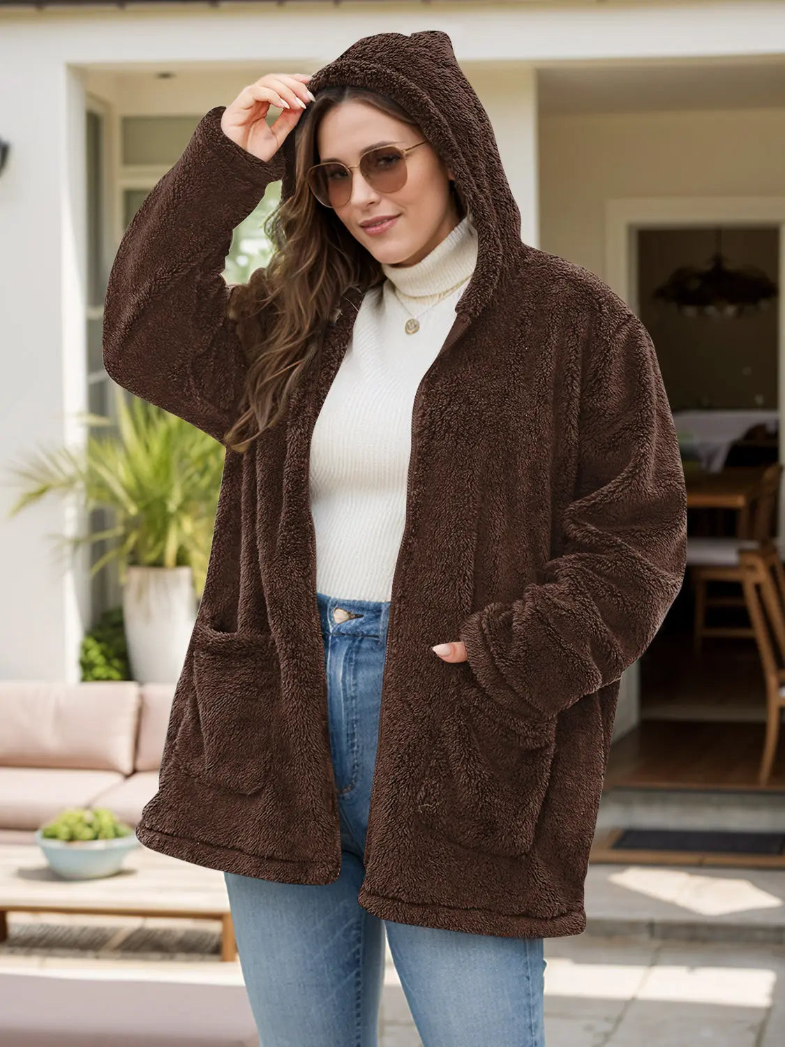 Plus Size Zip Up Long Sleeve Hooded Outerwear Trendsi