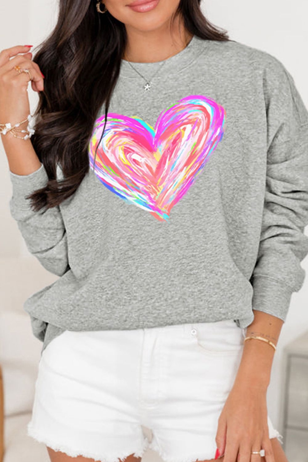 Valentine’s Day Heart Round Neck Drop Shoulder Sweatshirt Trendsi