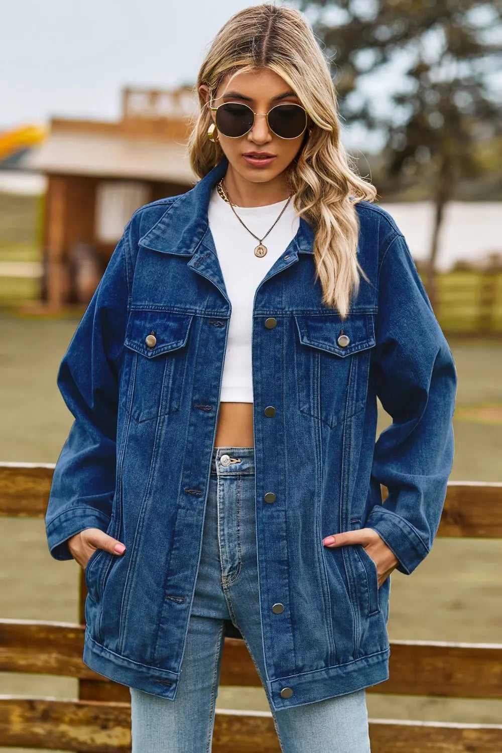 Buttoned Collared Neck Denim Jacket with Pockets Trendsi