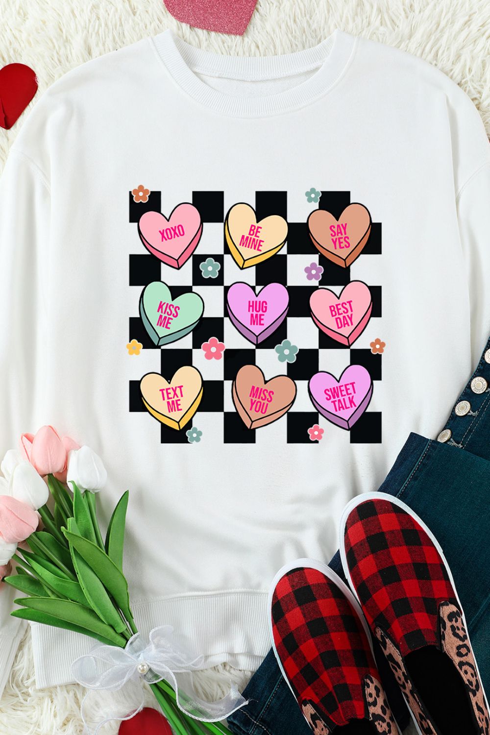 Valentine's Day Checkered Heart Long Sleeve Sweatshirt Trendsi