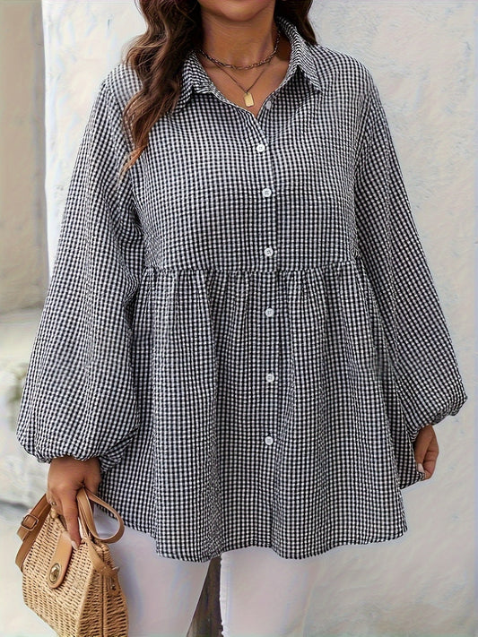 Plus Size Plaid Collared Neck Long Sleeve Shirt Trendsi