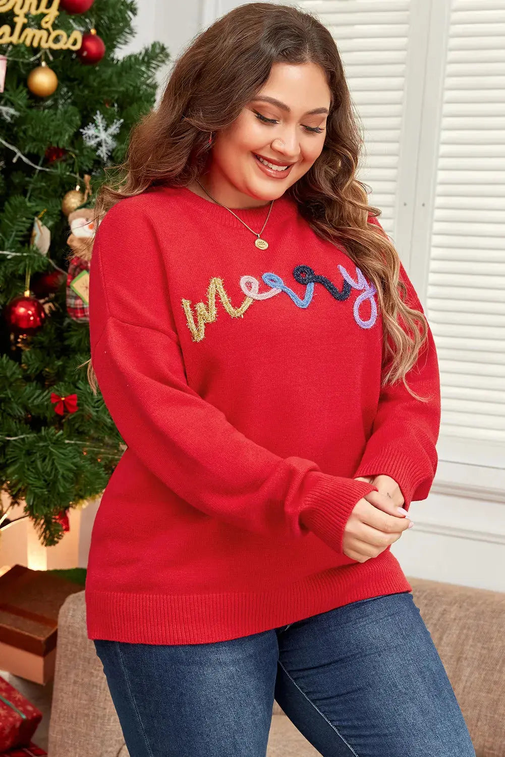 Plus Size MERRY Round Neck Long Sleeve Sweater Trendsi