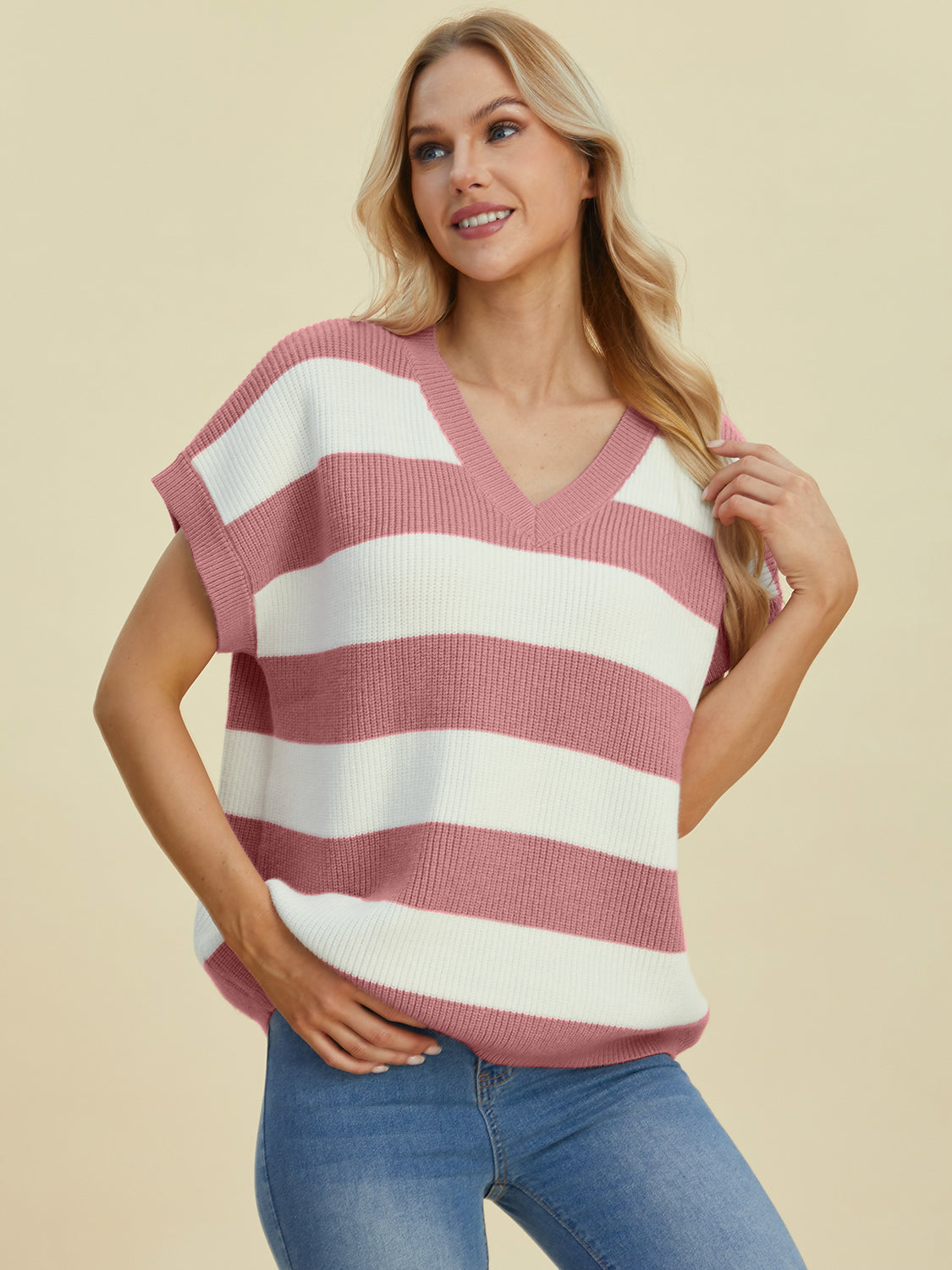 Double Take Full Size Striped V-Neck Short Sleeve Sweater Trendsi