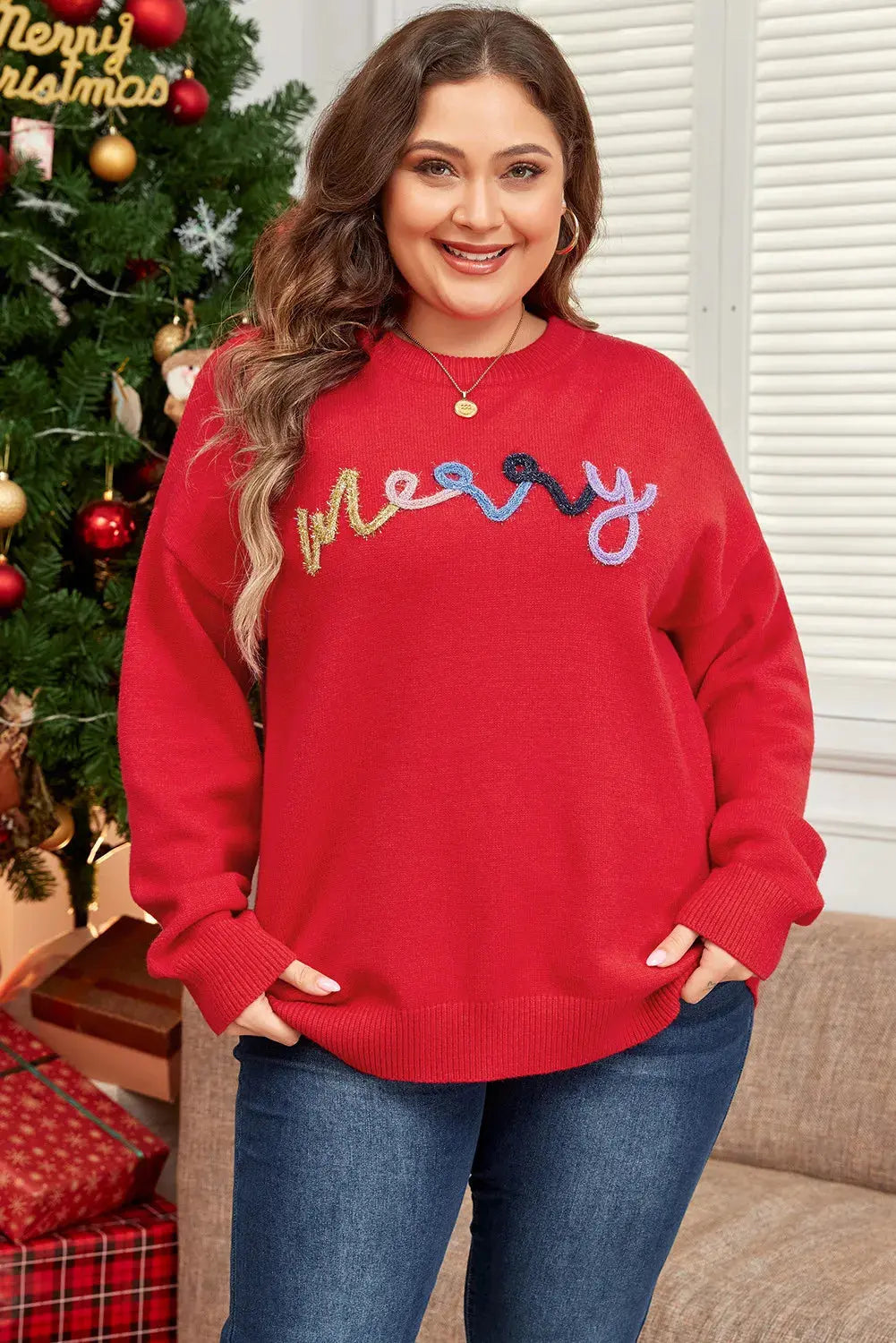 Plus Size MERRY Round Neck Long Sleeve Sweater Trendsi