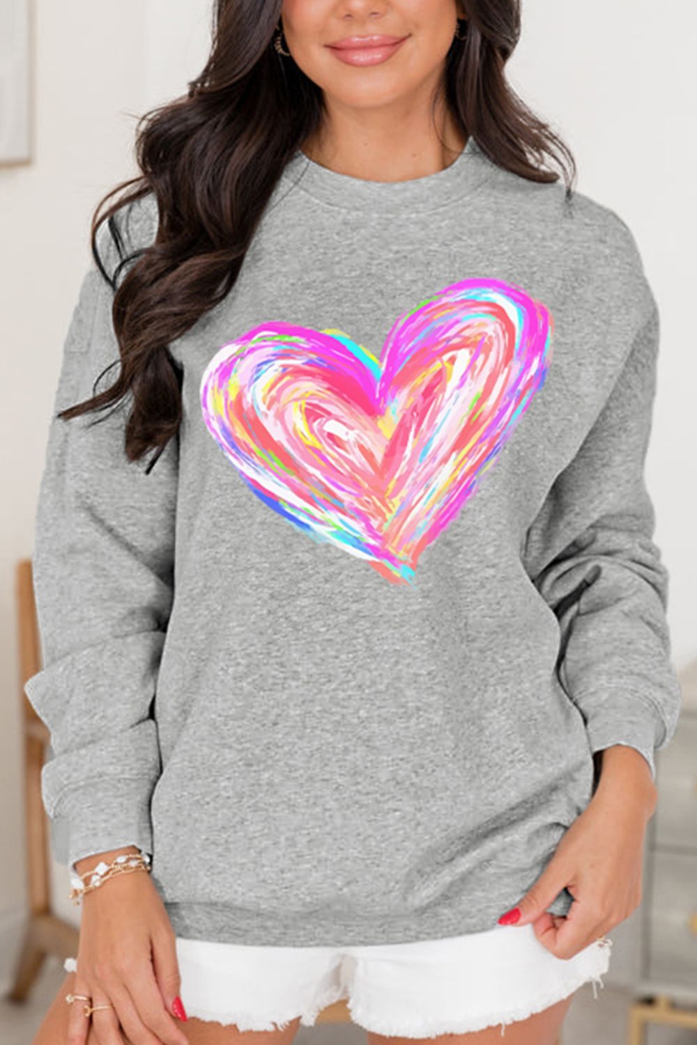 Valentine’s Day Heart Round Neck Drop Shoulder Sweatshirt Trendsi