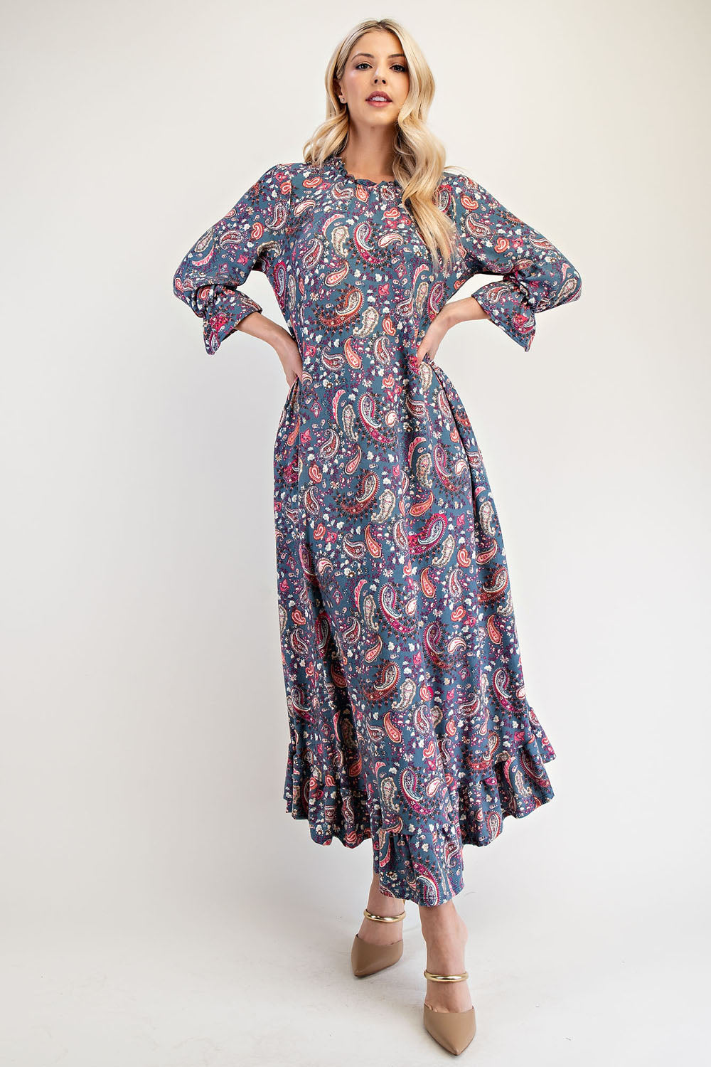 Celeste Full Size Ruffle Hem Paisley Round Neck Dress Trendsi