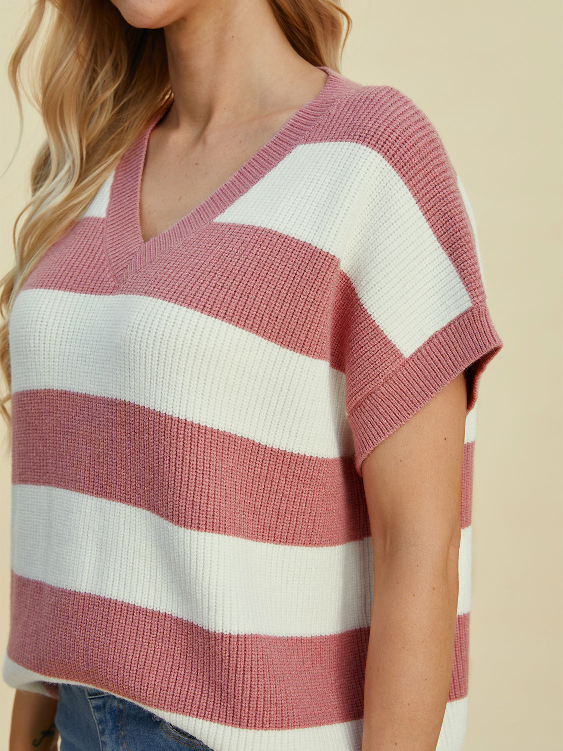 Double Take Full Size Striped V-Neck Short Sleeve Sweater Trendsi