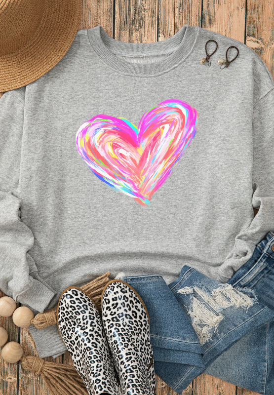 Valentine’s Day Heart Round Neck Drop Shoulder Sweatshirt Trendsi