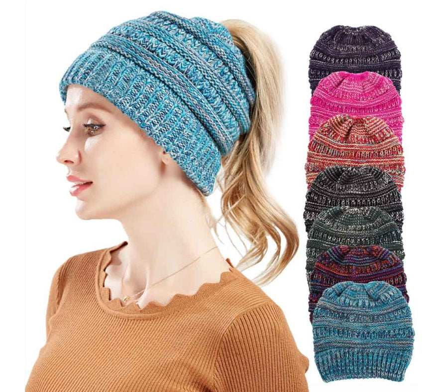 Mixed Color Knitted Wool Hat Ladies Non-labeled Ponytail Hat CJ