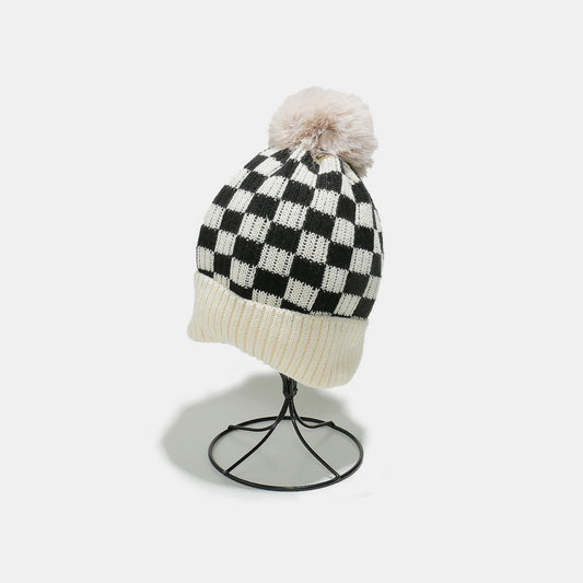 Checkered Knit Hat with Pompom