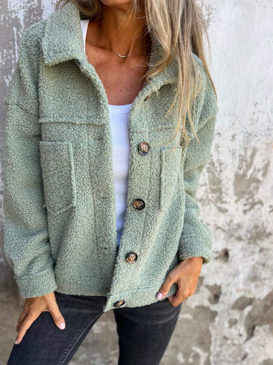 Full Size Fuzzy Button Up Drop Shoulder Jacket Trendsi