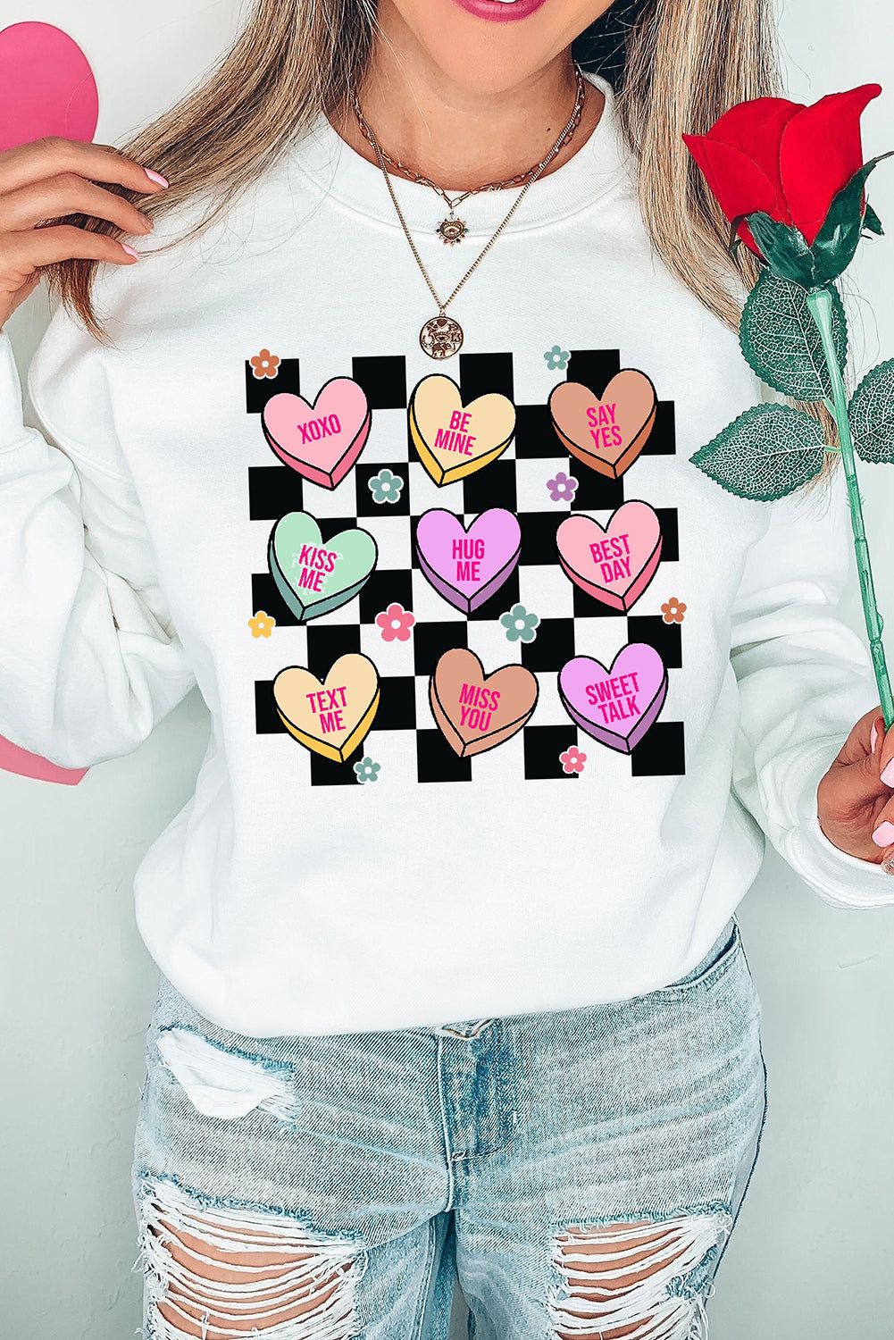 Valentine's Day Checkered Heart Long Sleeve Sweatshirt Trendsi