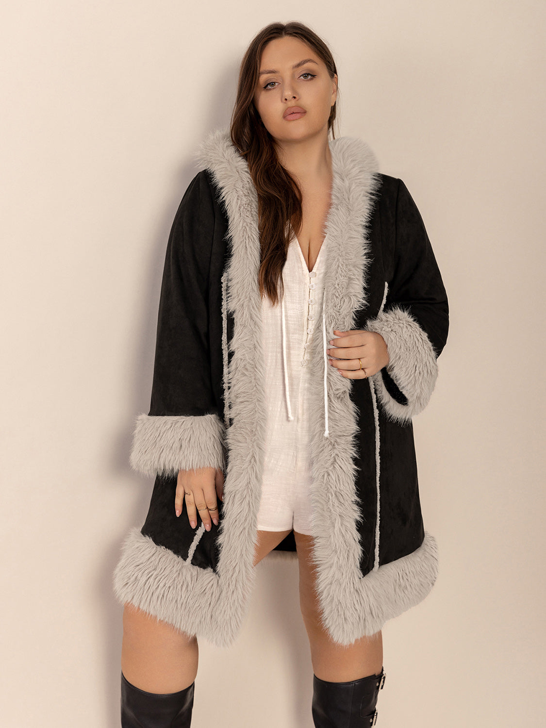 Plus Size Fuzzy Trim Open Front Long Sleeve Hooded Coat Trendsi