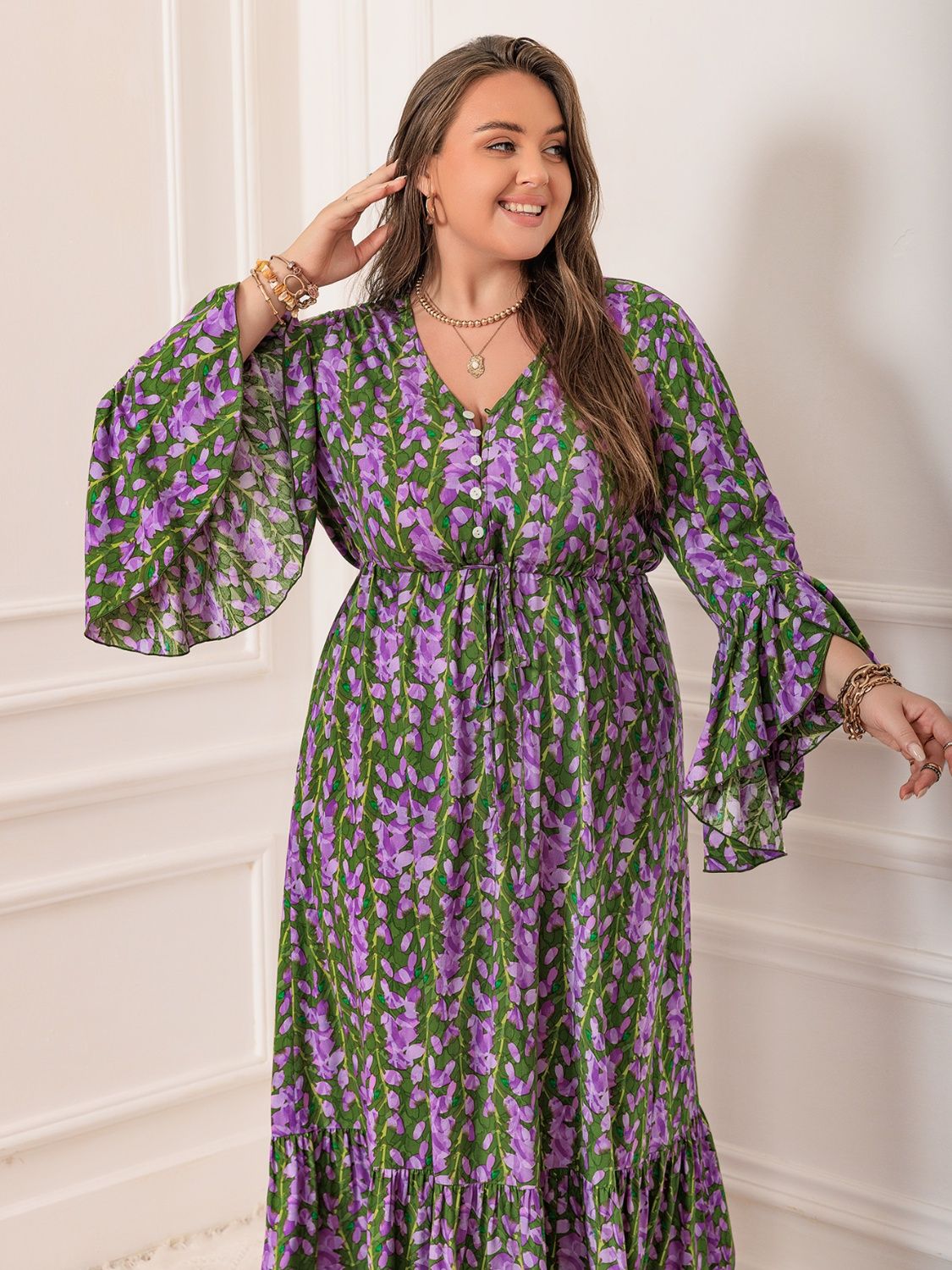 Plus Size Printed V-Neck Long Sleeve Maxi Dress