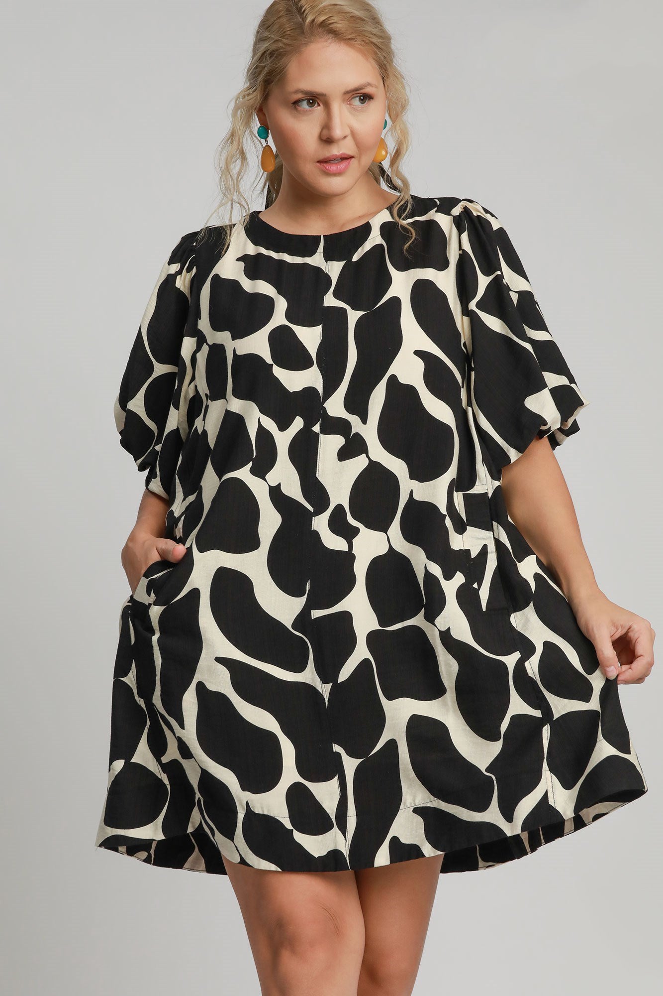 Umgee Full Size Two Tone Abstract Print Puff Sleeve Dress Plus Size Trendsi