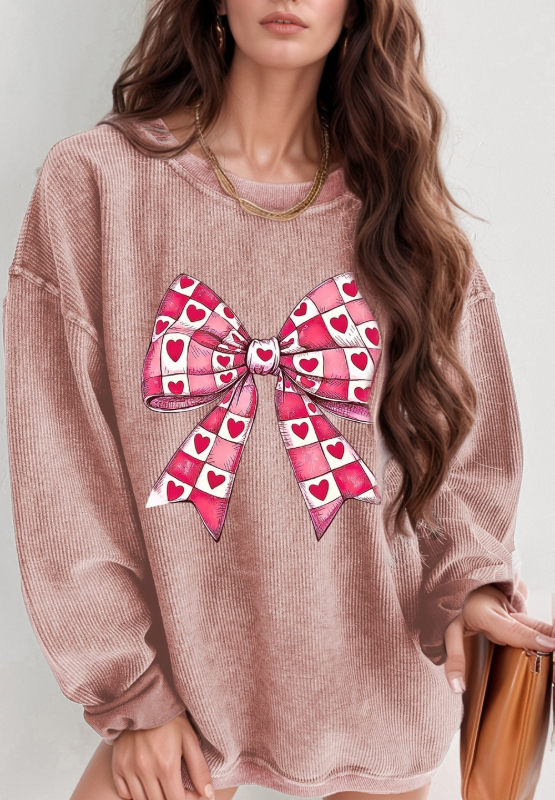 Valentine’s Day Bow Drop Shoulder Long Sleeve Sweatshirt Trendsi