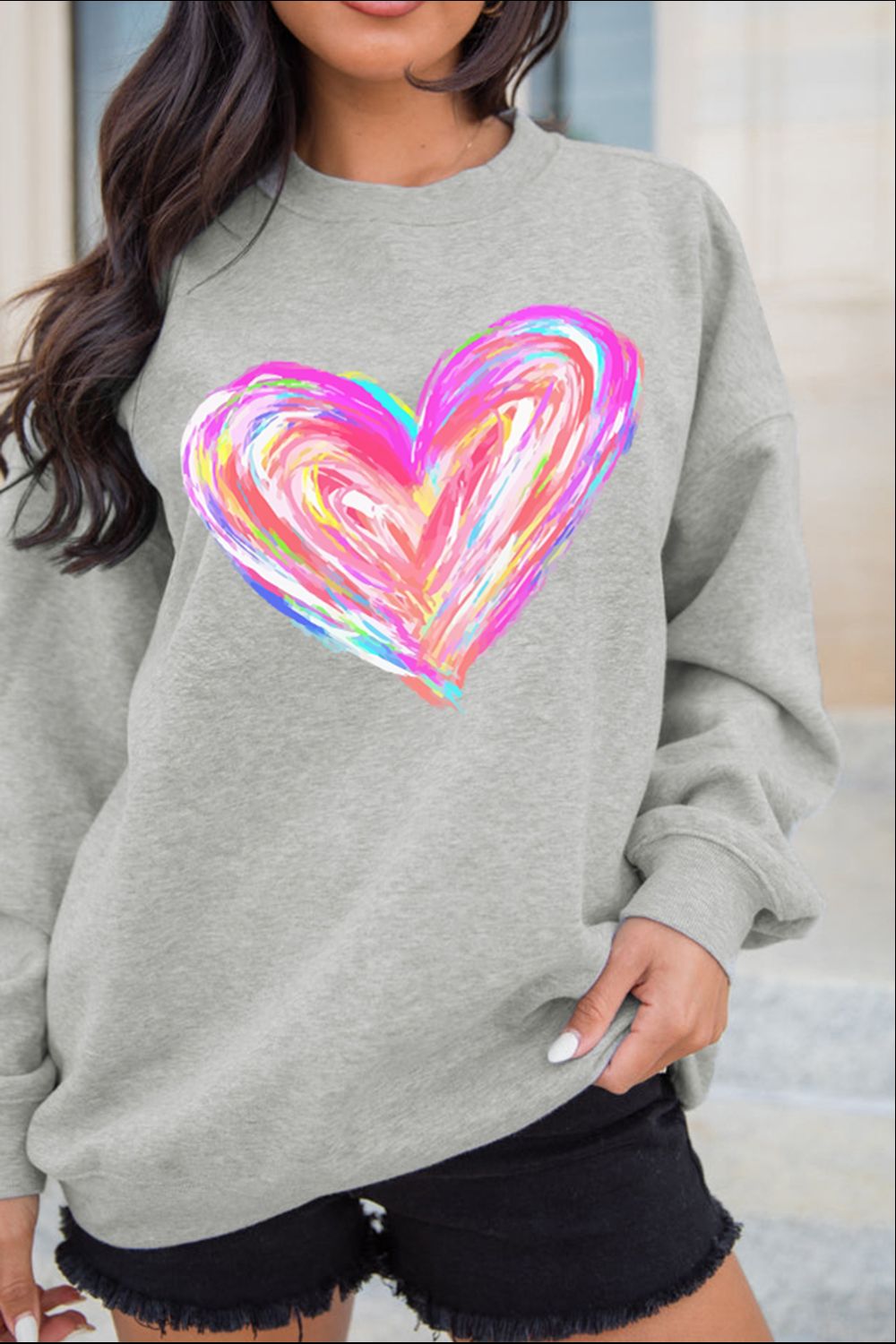 Valentine’s Day Heart Round Neck Drop Shoulder Sweatshirt Trendsi