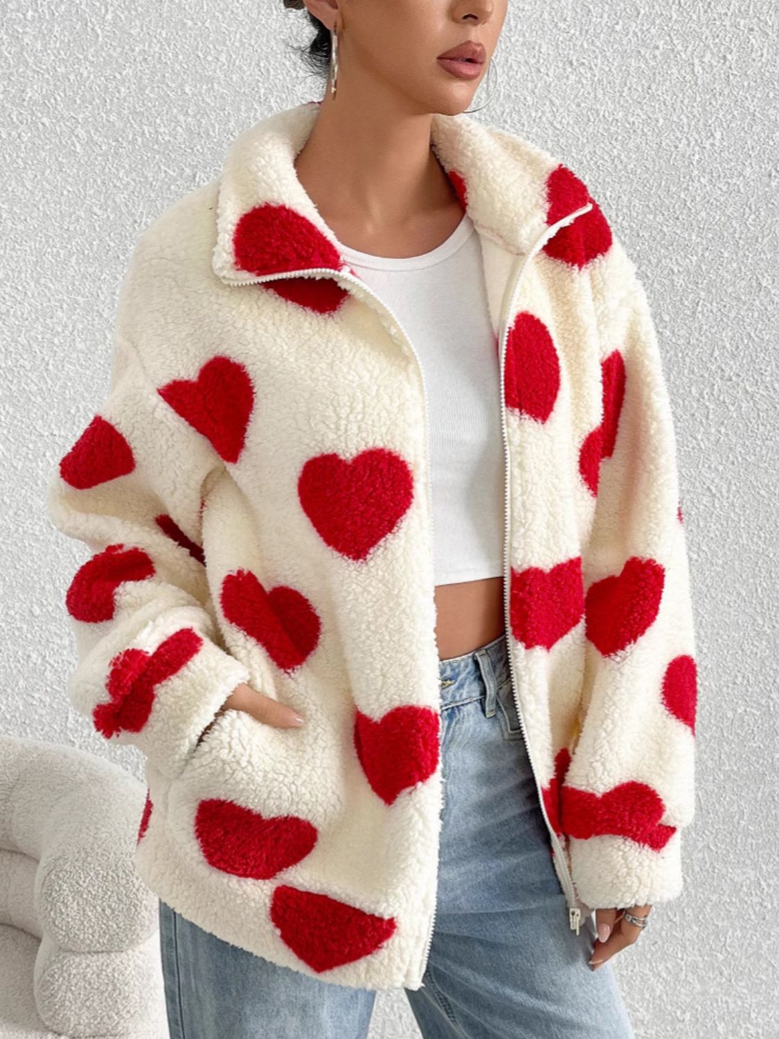 Heart Zip Up Drop Shoulder Furry Jacket Trendsi