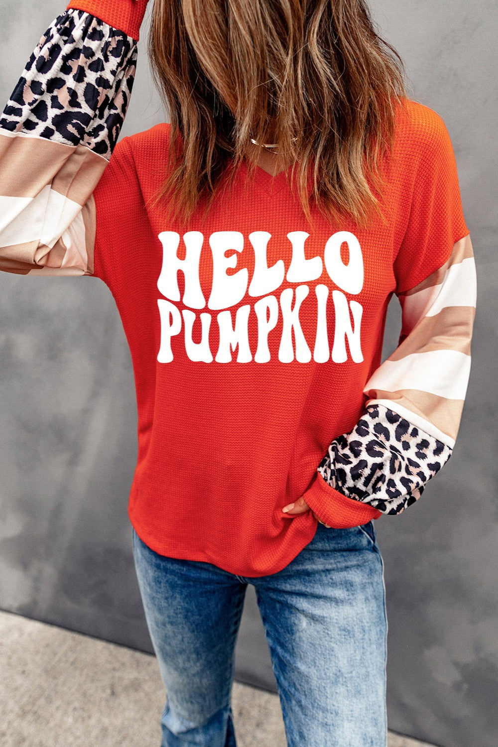 Hello Pumpkin V-Neck Long Sleeve Top