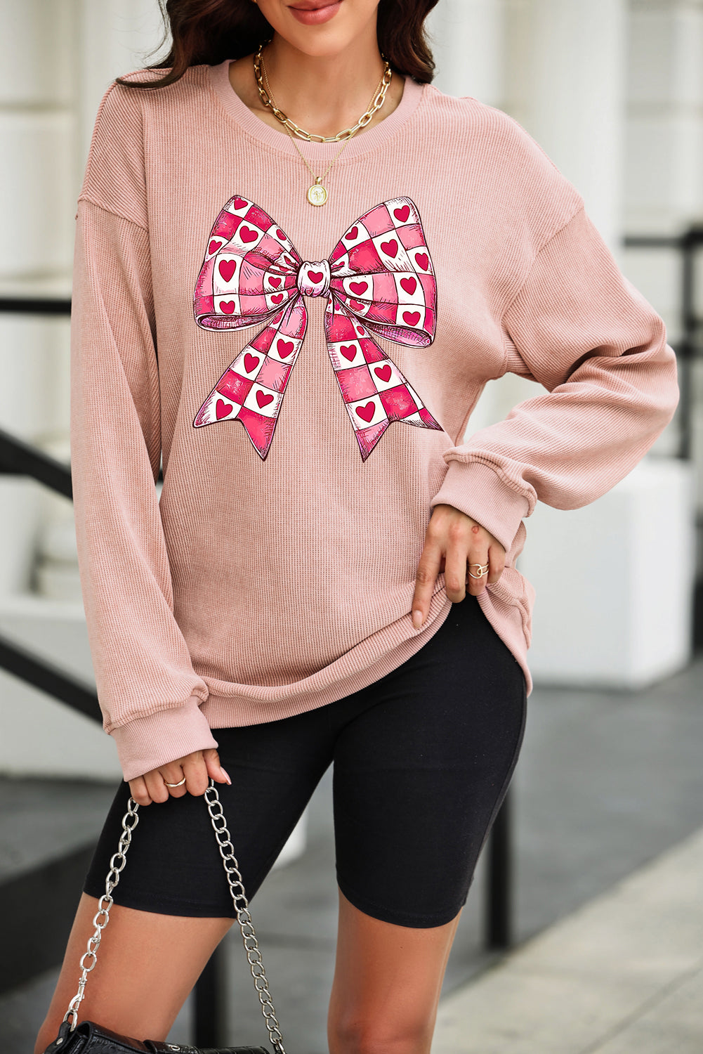 Valentine’s Day Bow Drop Shoulder Long Sleeve Sweatshirt Trendsi