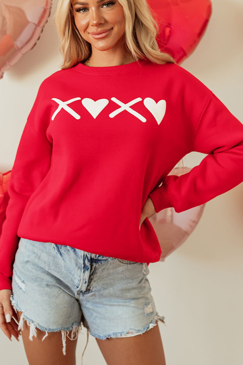 Valentine’s Day XOXO Round Neck Drop Shoulder Sweatshirt Trendsi