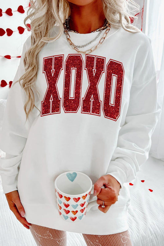 Valentine’s Day XOXO Glitter Round Neck Sweatshirt Trendsi