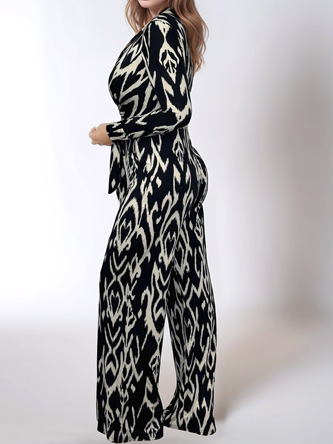 Full Size Leopard Tie Waist Long Sleeve Jumpsuit Plus Size Trendsi