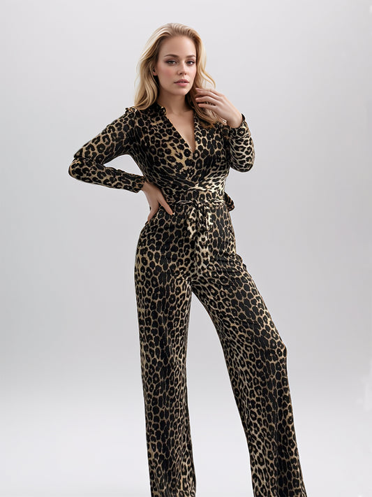 Full Size Leopard Tie Waist Long Sleeve Jumpsuit Plus Size Trendsi