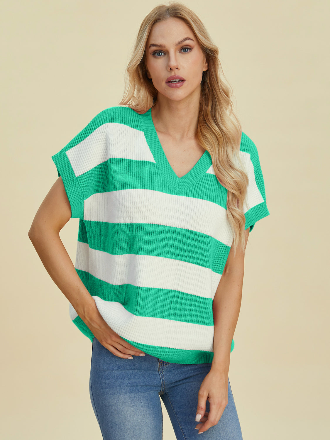 Double Take Full Size Striped V-Neck Short Sleeve Sweater Trendsi