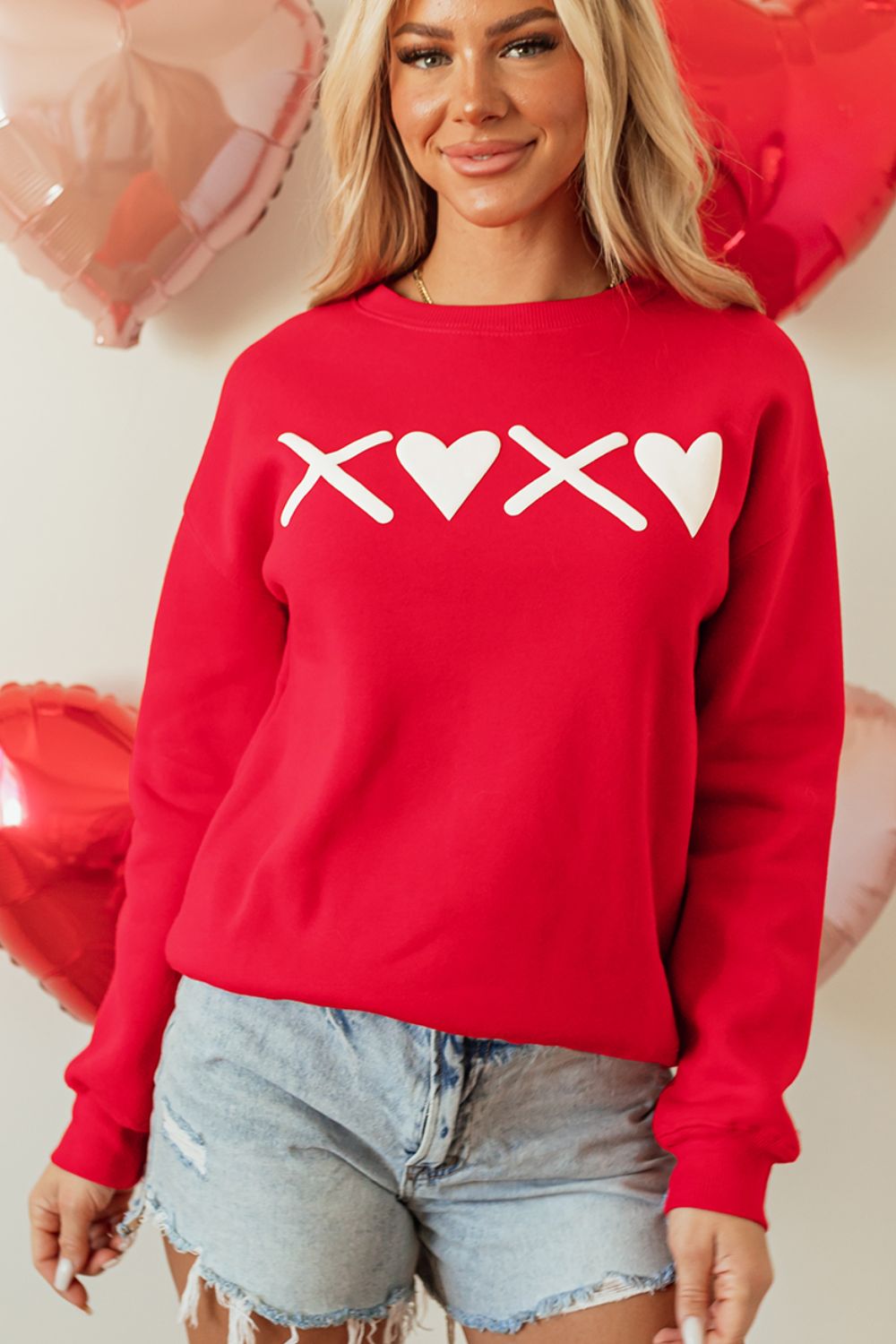 Valentine’s Day XOXO Round Neck Drop Shoulder Sweatshirt Trendsi