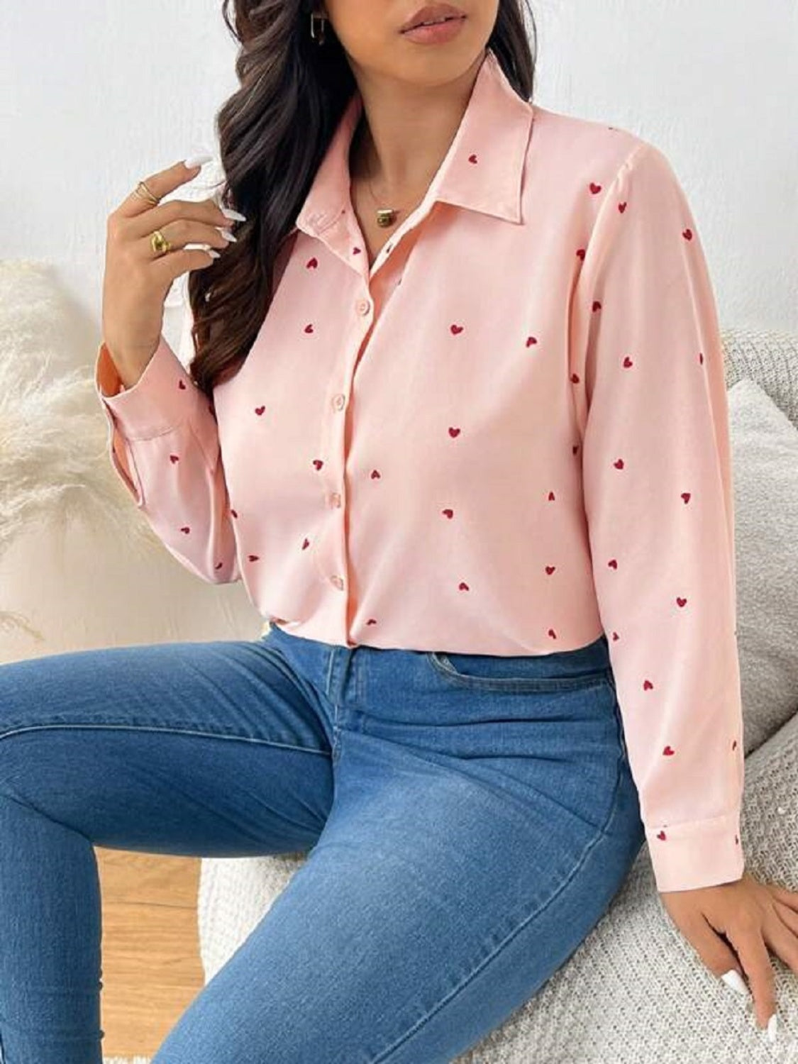 Heart Collared Neck Long Sleeve Shirt Trendsi