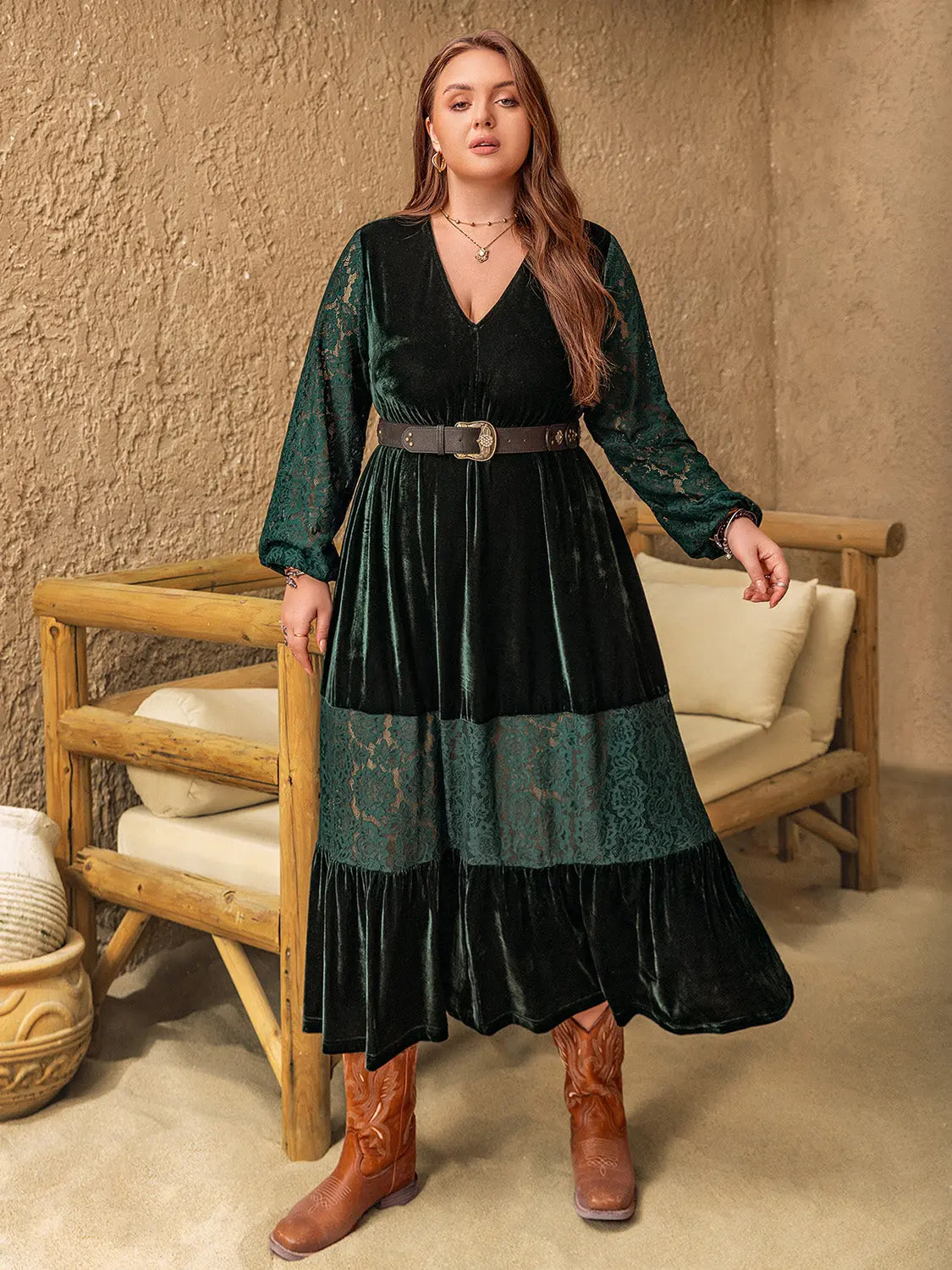 Plus Size Lace Patchwork V-Neck Balloon Sleeve Midi Dress Trendsi