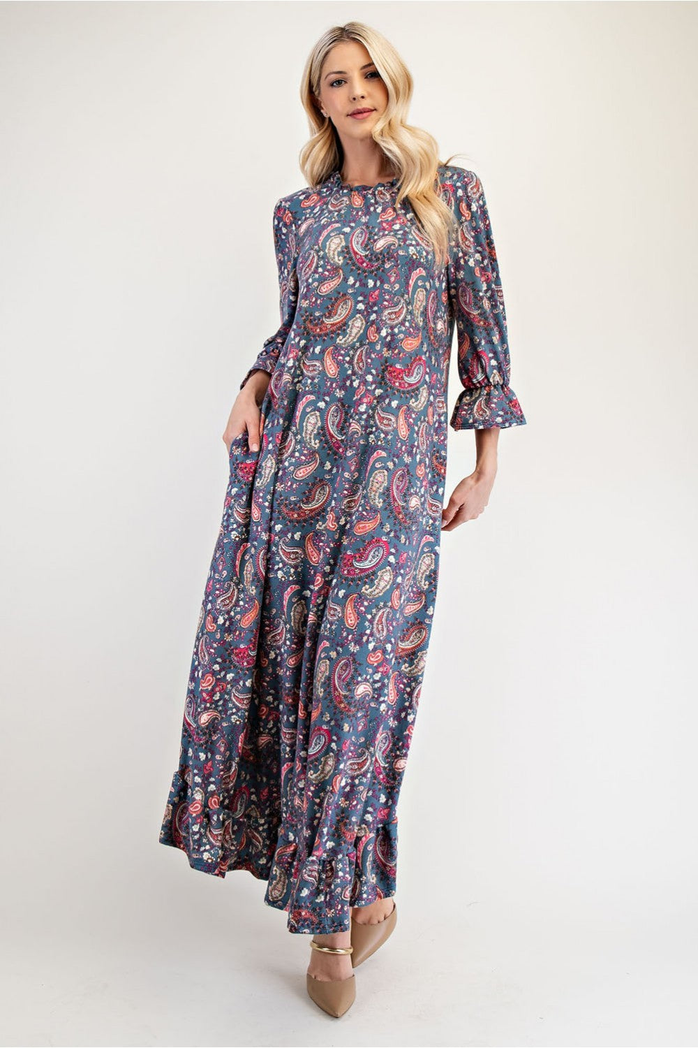 Celeste Full Size Ruffle Hem Paisley Round Neck Dress Trendsi