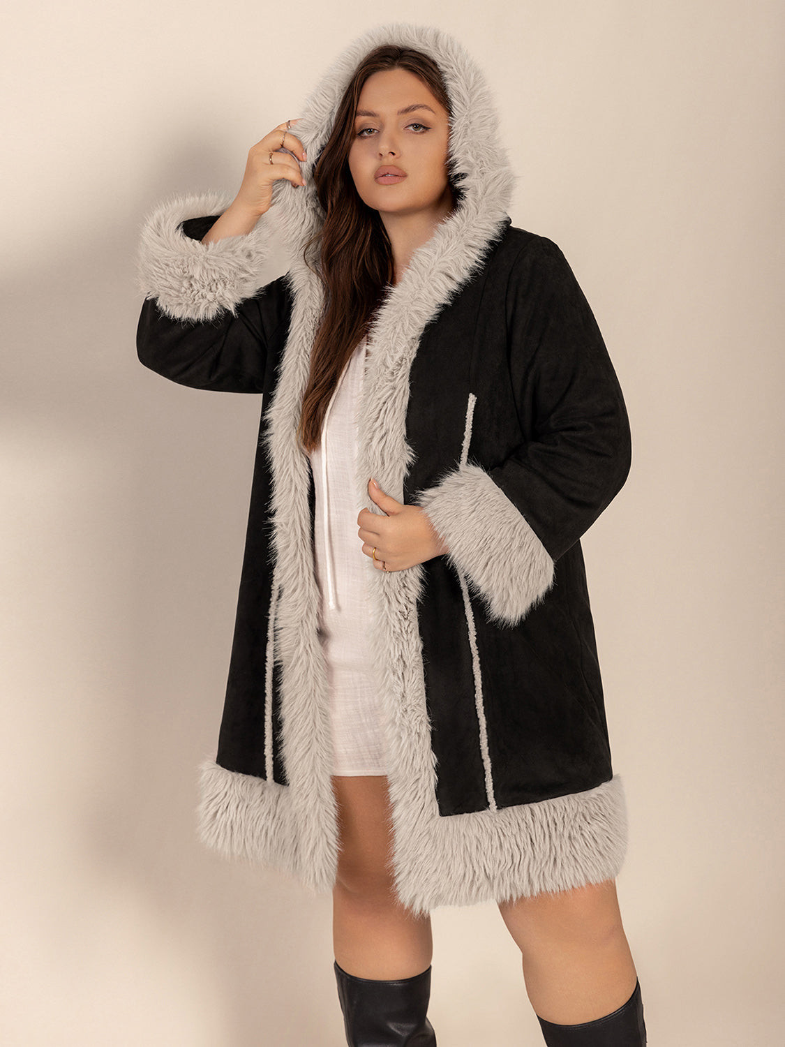 Plus Size Fuzzy Trim Open Front Long Sleeve Hooded Coat Trendsi