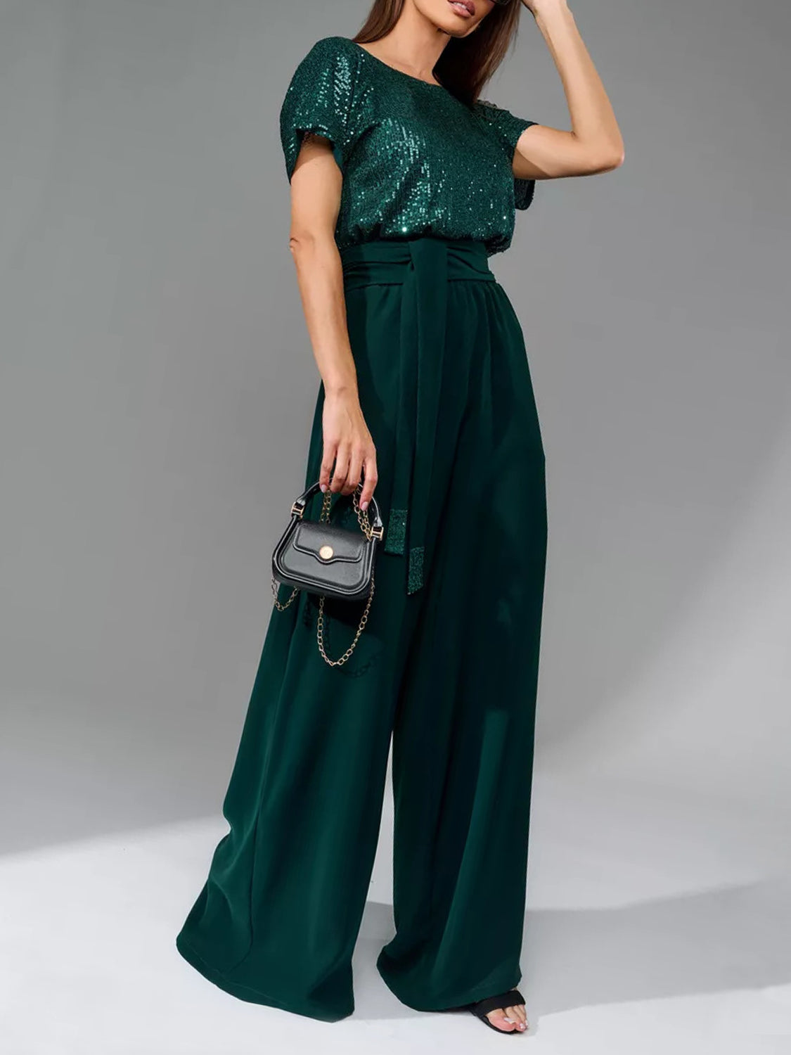 Full Size Sequin Round Neck Short Sleeve Wide Leg Jumpsuit Trendsi