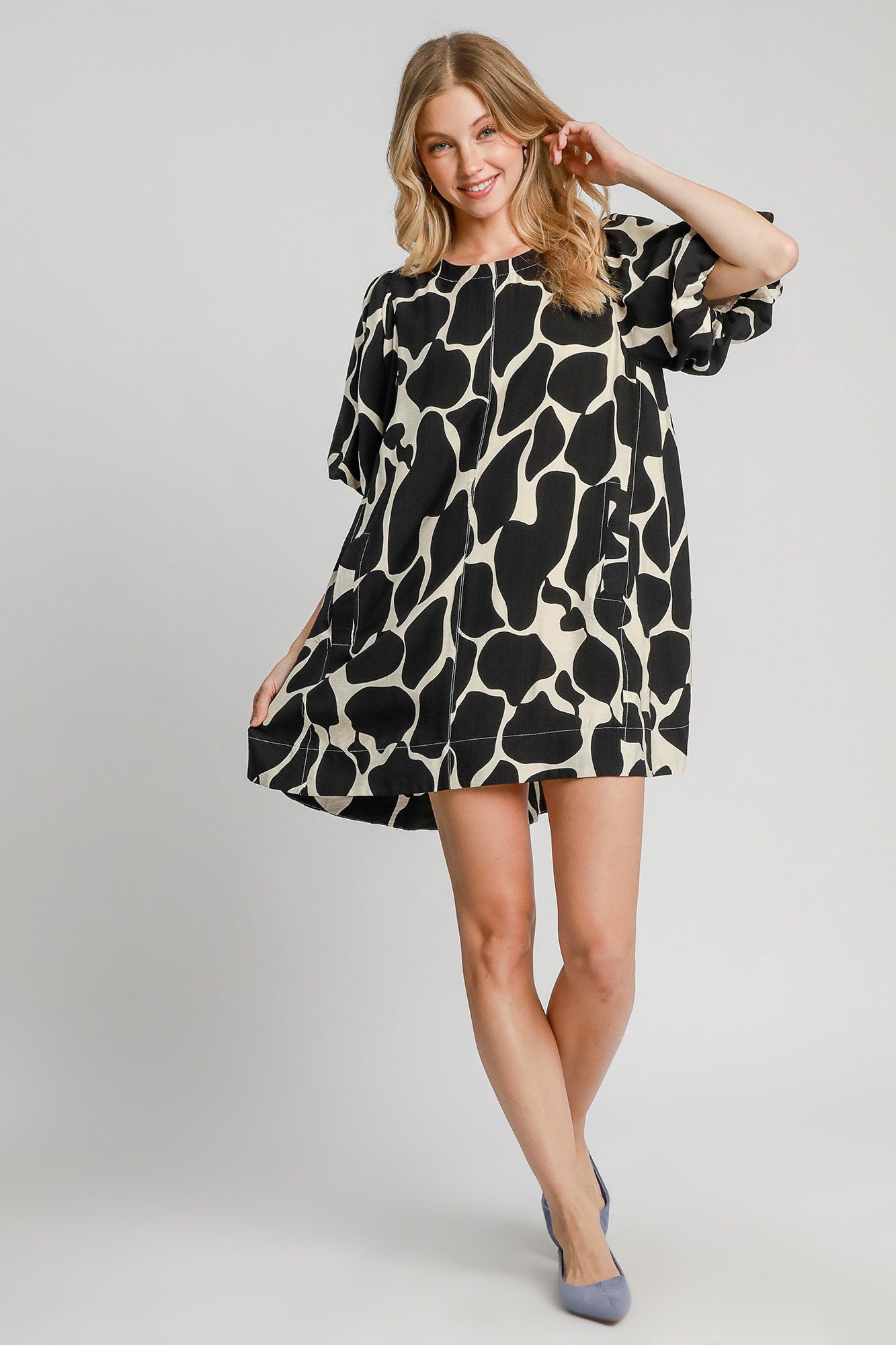 Umgee Full Size Two Tone Abstract Print Puff Sleeve Dress Plus Size Trendsi