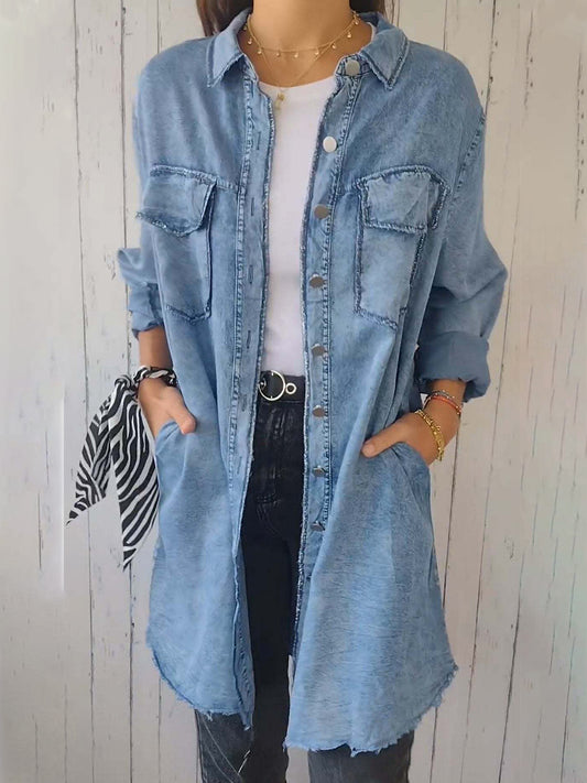 Full Size Raw Hem Button Up Long Sleeve Denim Top Plus Size Trendsi