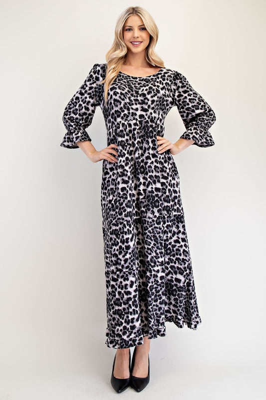 Celeste Full Size Leopard Round Neck Flounce Sleeve Dress Trendsi