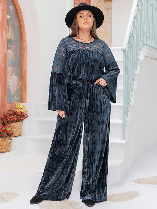 Plus Size Round Neck Flare Sleeve Top and Pants Set Trendsi